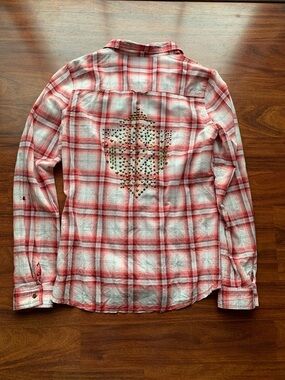 Maurices Orange and Cream Plaid Studded Back Button-Up Shirt